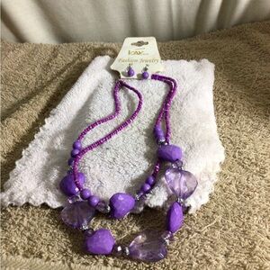 Fashion Jewelry Purple Multi-Bead Layered Necklace with Matching Studs